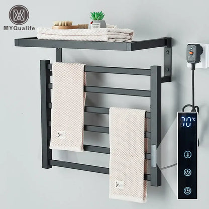 Modern black metal electric towel rack with digital temperature display and control panel for bathroom use
