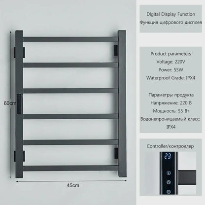 Modern black metal electric towel rack with digital display ipx4 waterproof rating and 55w power for bathroom use