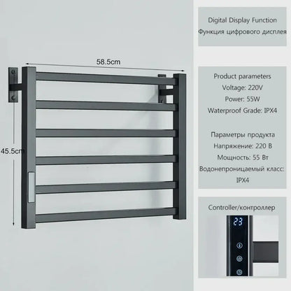 Modern black metal electric towel rack with matte finish and digital display controller for bathroom use