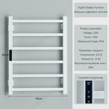 Modern black metal electric towel rack with white digital display, ipx4 waterproof rating, and 55w power electric towel