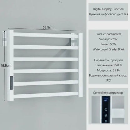 Modern black metal electric towel rack with digital display and ipx4 waterproof rating for bathroom use