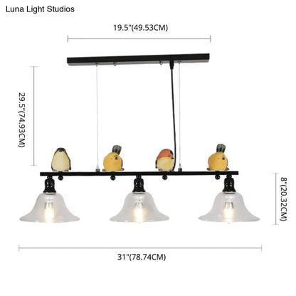 Modern black metal island pendant light with four bird figurines and clear glass shades for 110v-120v or 220v-240v use