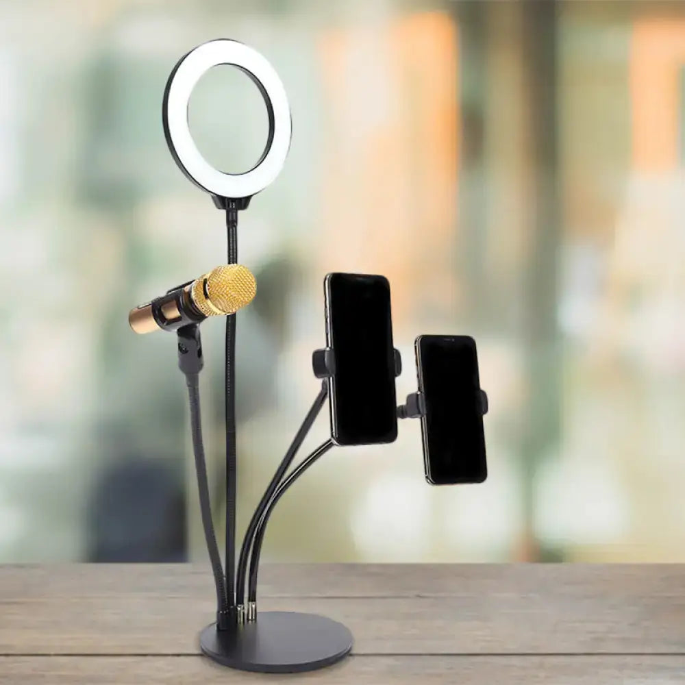 Black adjustable metal led stand with circle mirror, flash lighting, gold microphone mount, and dual phone holders for recording