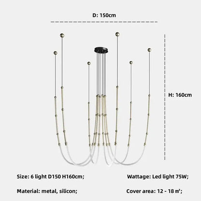 Modern black metal led pendant lights with six slender arms and spherical beads suspended by white silicone cords for living room decor
