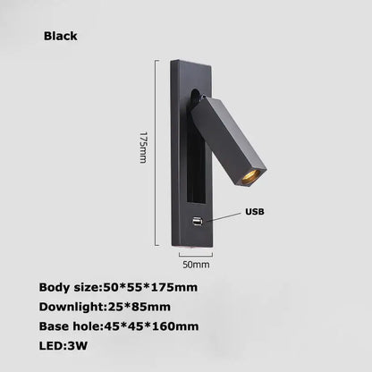 Modern black metal led wall lamp with usb port and adjustable angled head for bedroom reading light