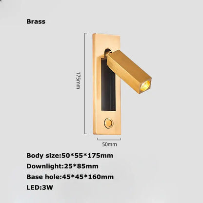 Gold-colored brass led wall lamp with sleek rectangular design and adjustable head for bedroom reading light with usb port