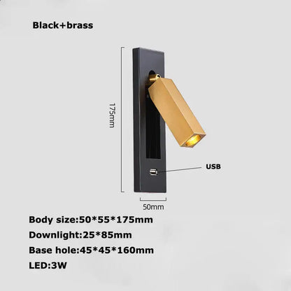 Modern black metal led wall lamp with brass accents and usb port designed for bedroom reading light use