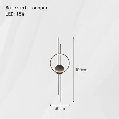 Modern black metal led wall lights with copper pendant circular frame and central spherical bulb for bedroom decorbites led wall