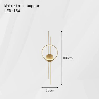 Modern black metal led wall lights with a minimalist copper pendant design featuring circular and vertical elements