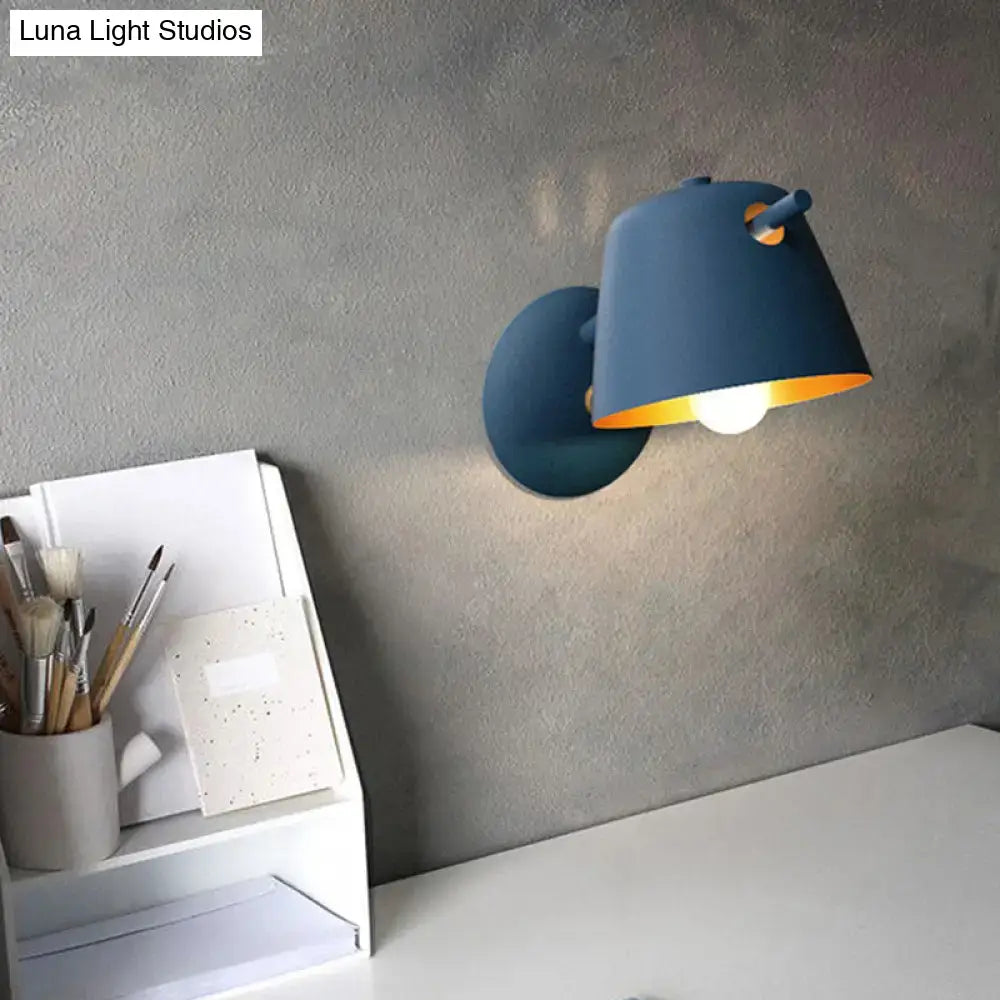 Modern black metal shade wall sconce with white blue bedroom light and blue wall-mounted lamp with gold interior lining