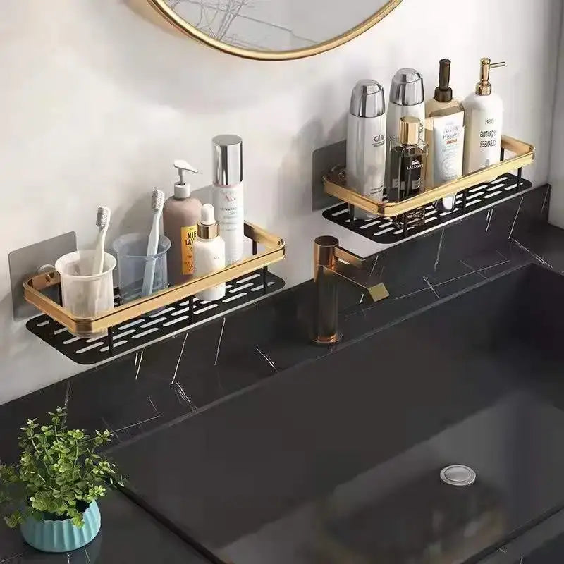Modern black metal tiered bathroom corner shelves with gold-toned frame and black perforated panels for decorbites bathroom storage