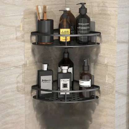 Black metal corner shower caddy with two tiers and grid design for bathroom corner shelves decorbites bathroom storage rack