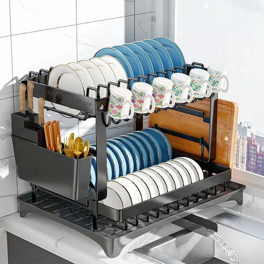 Modern black metal two tier dish drainer rack with integrated utensil holder and cutting board slot kitchen organizer