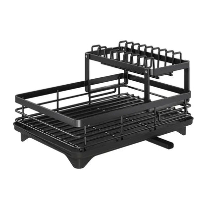 Modern black metal two tier dish drying rack with lower draining tray and upper utensil holder decorbites kitchen dish organizer