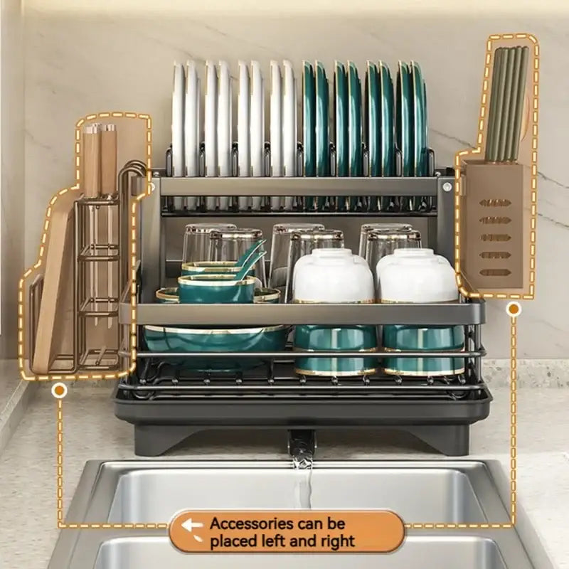 Modern black metal two tier dish drying rack with stainless steel knife block and cutting board holder decorbites kitchen dish