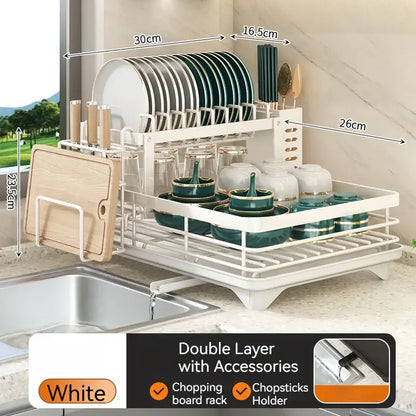 Modern black metal two tier dish drying rack with white double-layer dish rack and integrated chopping board decorbites kitchen dish