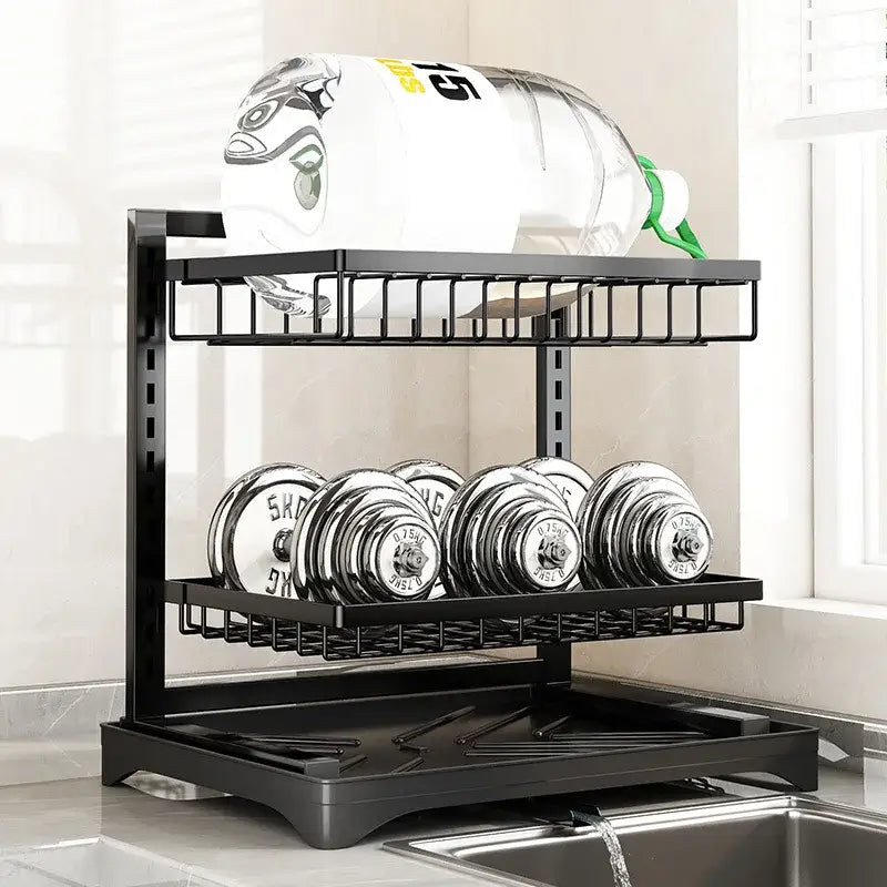 Modern black metal two tier dish drying rack with wire mesh shelves and tray base for kitchen storage and drying rack use