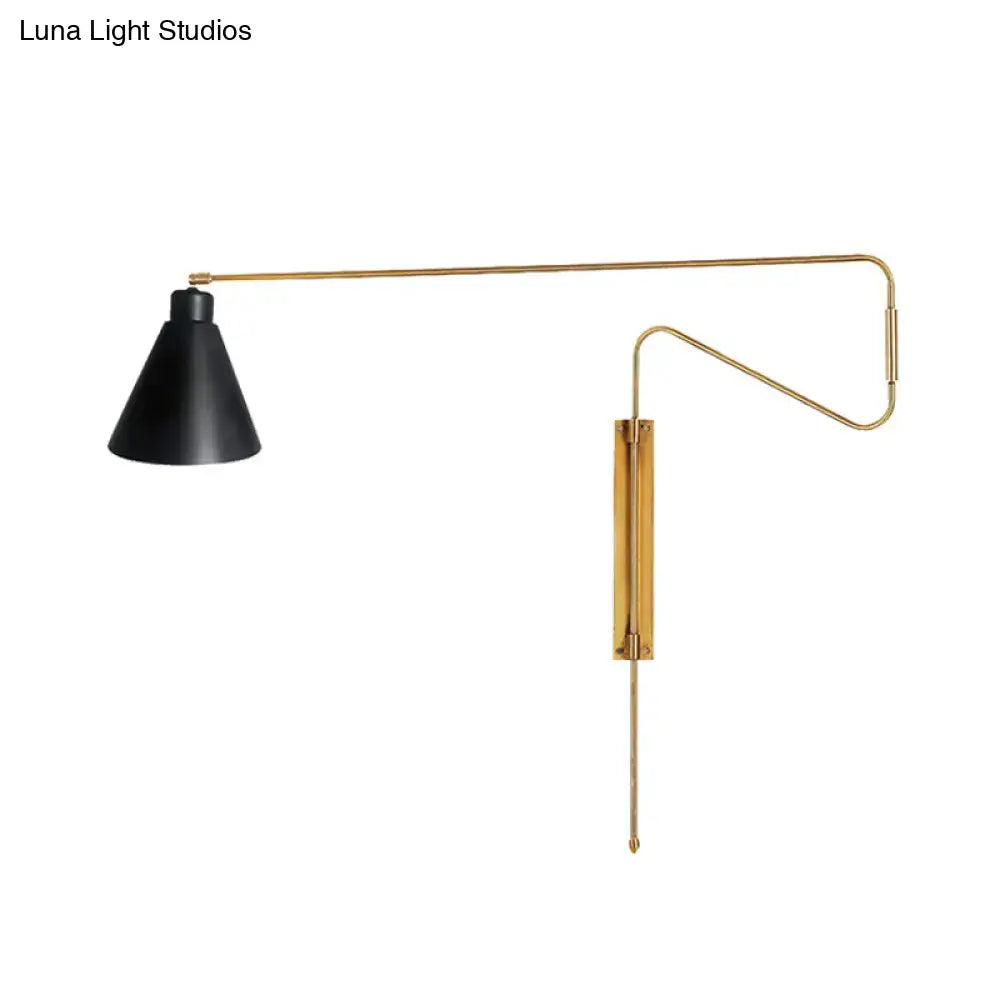 Modern black metal wall lamp with conical shade and long black gold arm for living room mounted on wall plate