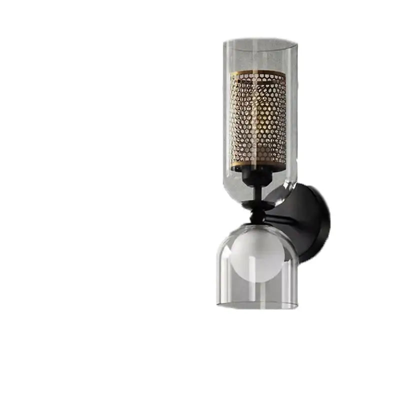 Modern black metal wall light with clear glass cylinder and gold mesh shade for bedroom decorbites clear glass wall light