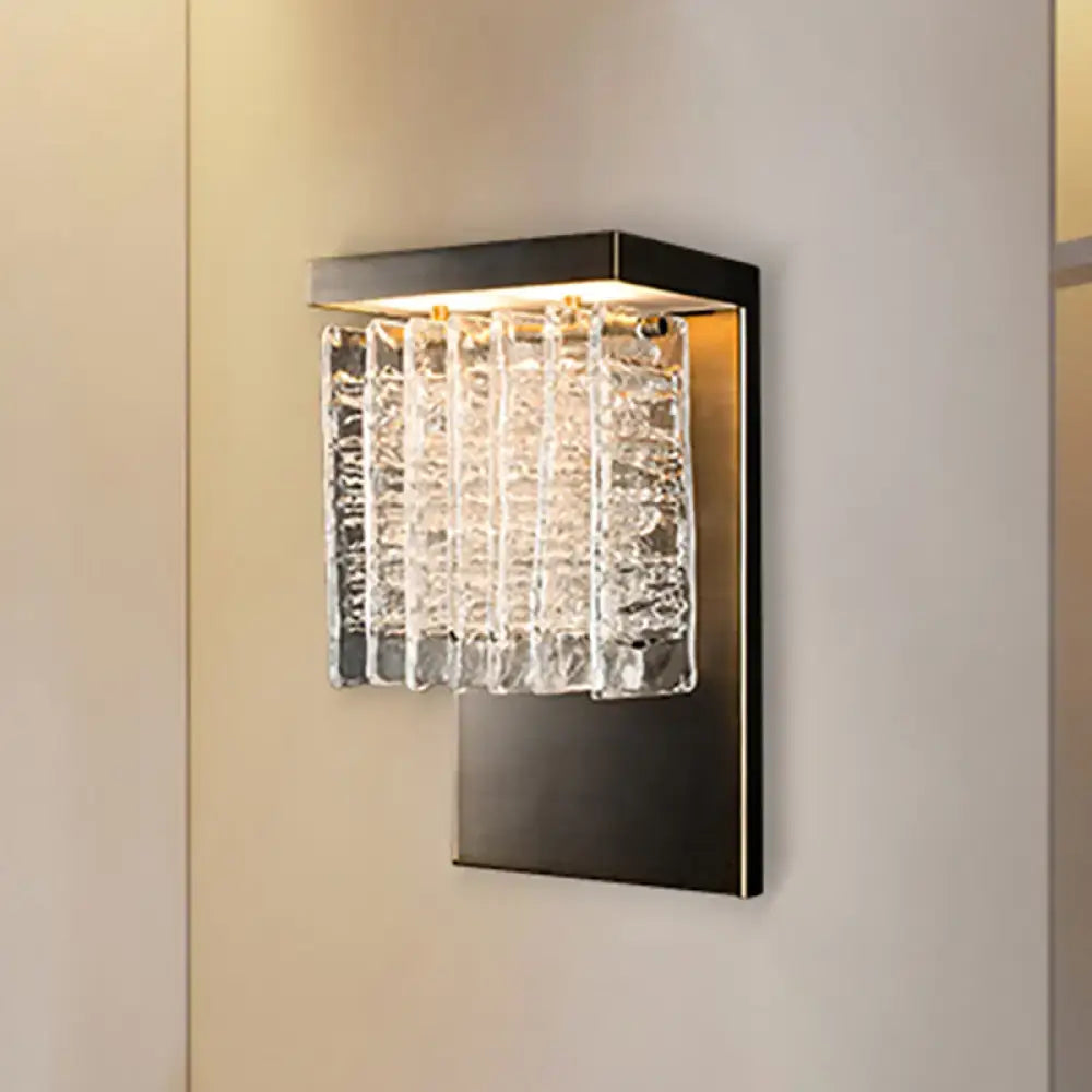 Modern black metal wall sconce with crystal prism clear textured glass panels for living room inch fixture lighting