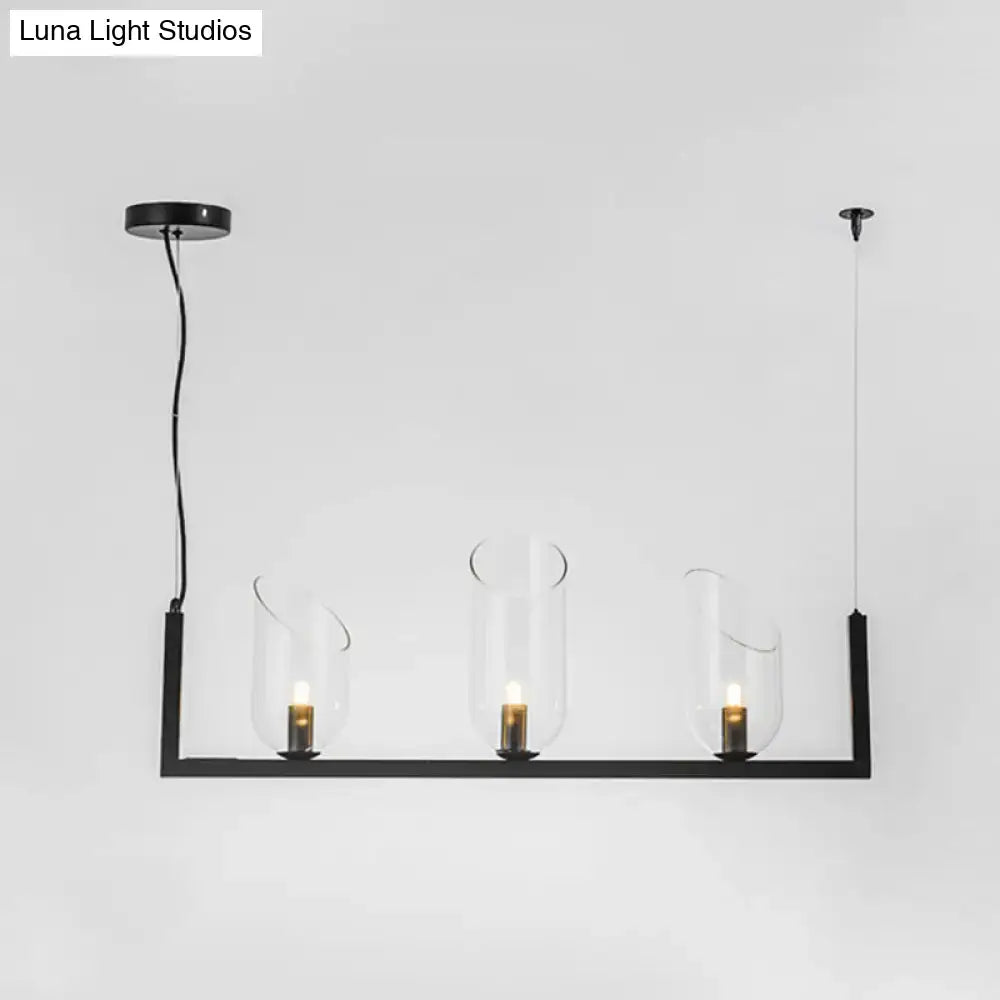 DecorBites™ modern black metallic linear chandelier pendant light with three clear glass candle holders and led illumination