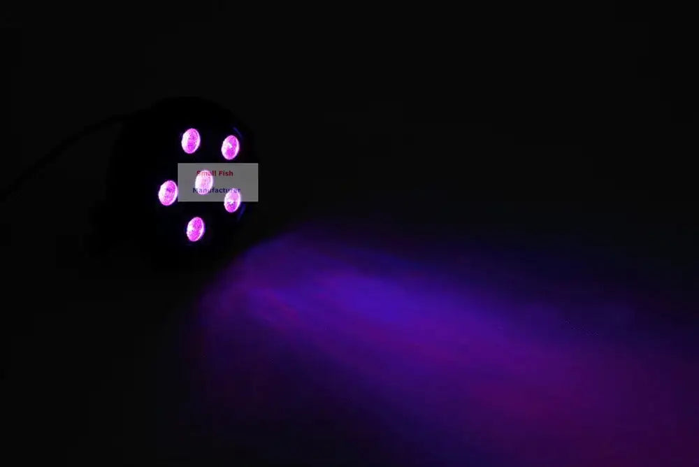 Modern black mini led flat par lights with six glowing purple bulbs emitting vibrant violet beams for party rooms