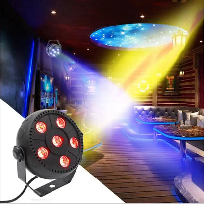 Black circular mini led flat par light with six red illuminated bulbs and mounting bracket for party room use