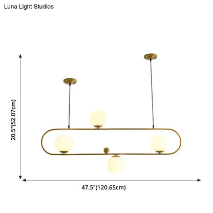 Modern black minimalist ellipse ceiling light with brass finish and four frosted glass globes for living room use