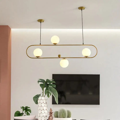 Modern black minimalist ellipse ceiling light with gold-toned frame and frosted white globes for living room lighting