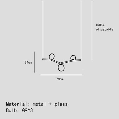 Modern black minimalist glass branch chandelier with sleek metal frame, three glass bulbs, and adjustable height by decorbites glass branch