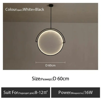 A modern black and white minimalist led pendant light with a sleek metal frame for living room use