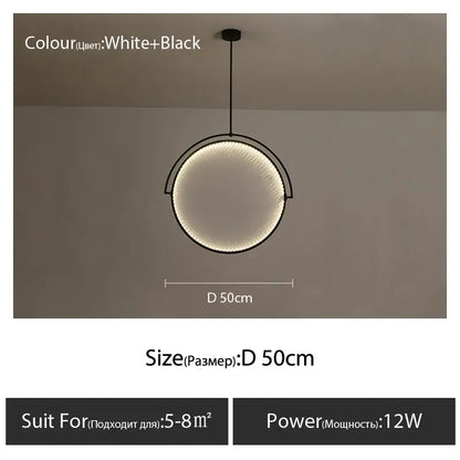 A modern white and black circular led pendant light with a sleek metal frame for living room lighting