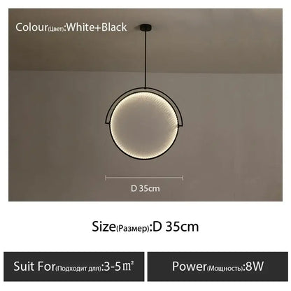 A modern black and white circular led pendant light with sleek minimalist design for living room use