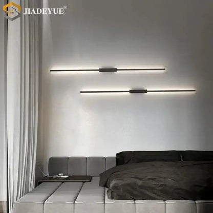 Modern black minimalist led strip wall lamp with sleek linear design mounted above bed for living room decorbites led strip