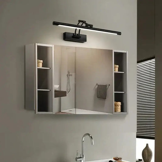 Modern black minimalist led wall lamp with sleek design mounted above mirrored medicine cabinet for bathroom vanity lighting