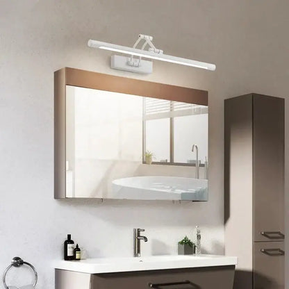Modern black minimalist led wall lamp with sleek adjustable arm mounted above rectangular mirror for bathroom vanity lighting
