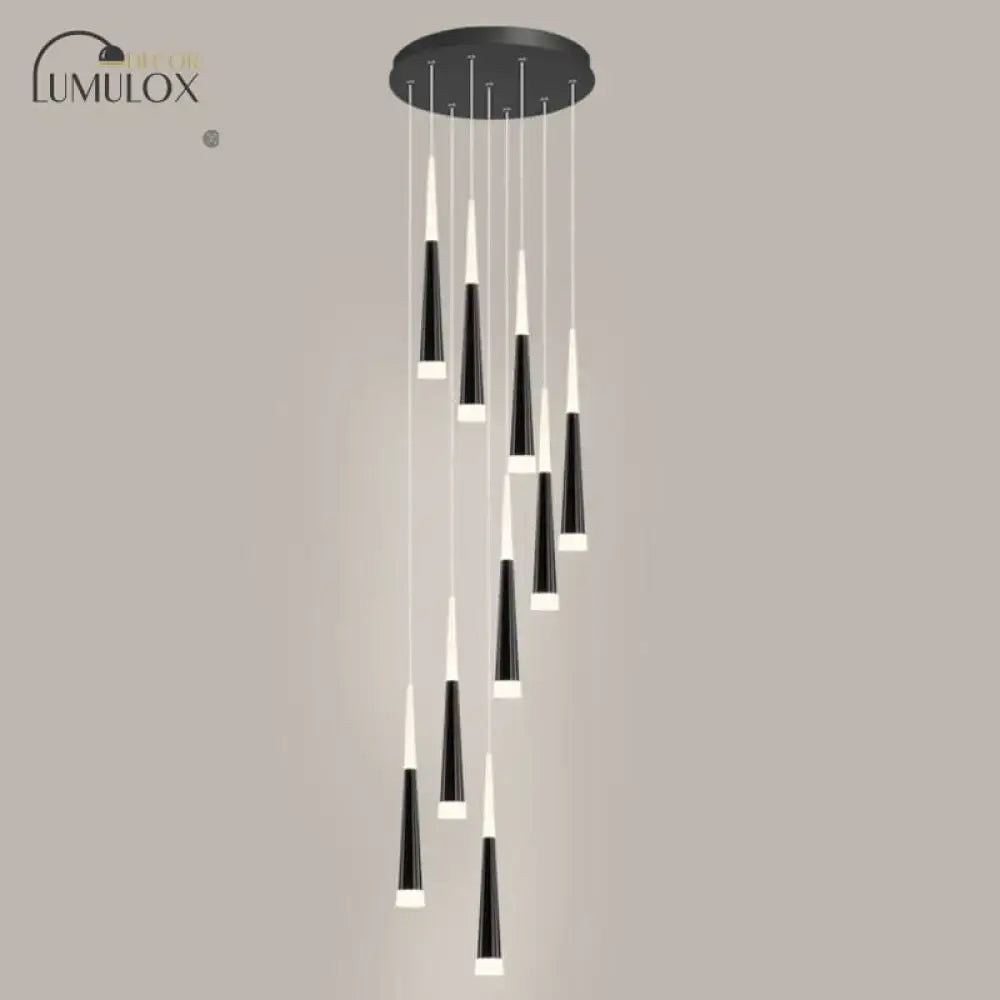 Modern black and white minimalist metallic multi ceiling light with tapered acrylic shades suspended from circular mount