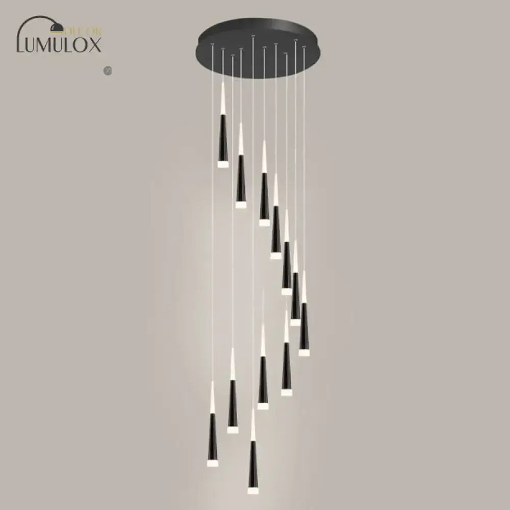 Black and white minimalist metallic multi ceiling light with tapered acrylic shade fixtures suspended from circular mount