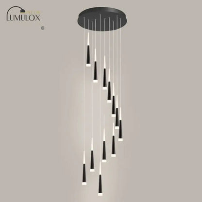Black and white minimalist metallic multi ceiling light with tapered acrylic shade fixtures suspended from circular mount