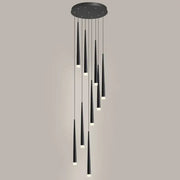 Modern black pendant ceiling light with minimalist metallic multi cylindrical acrylic shades and circular mount