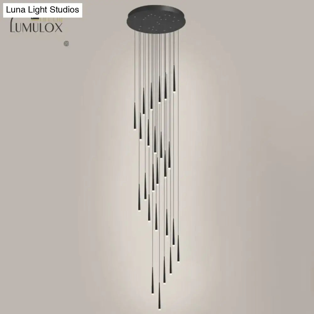 Black minimalist metallic multi ceiling light with slender tapered led fixtures and acrylic shade for staircase suspension