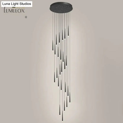 Black minimalist metallic multi ceiling light with slender tapered led fixtures and acrylic shade for staircase suspension