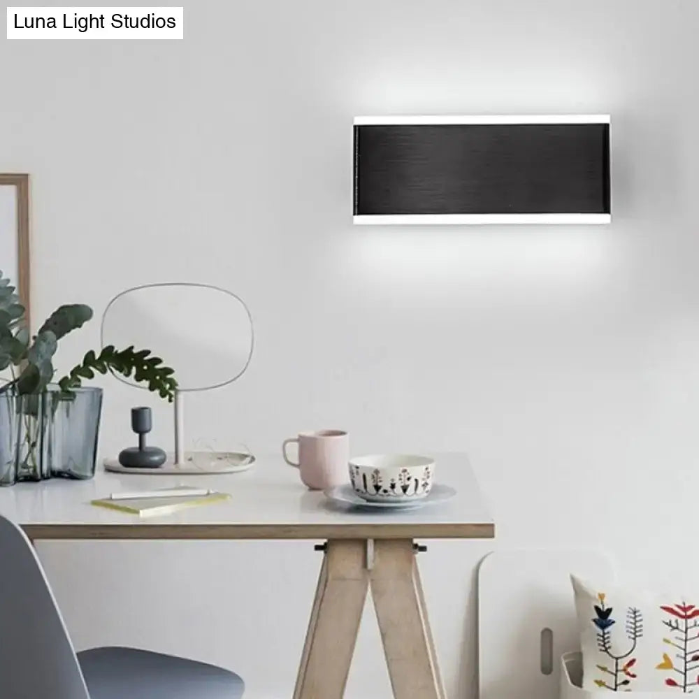 Modern black minimalist rectangle wall light fixture with sleek brushed metal frame and maximum bulb wattage for dining room