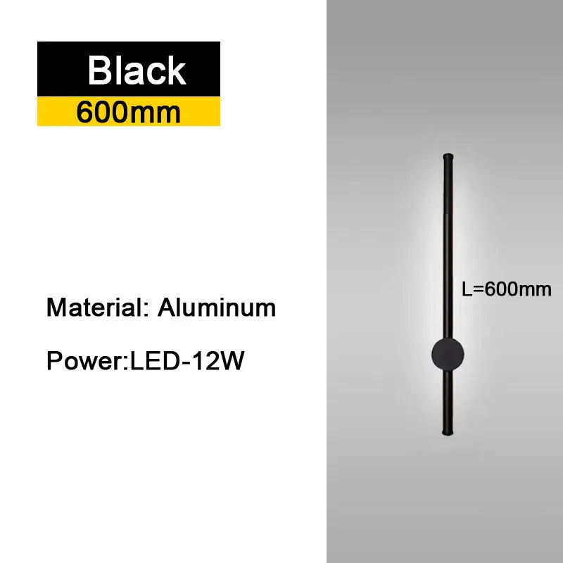 Modern black minimalist rotatable led wall lights featuring a sleek 600mm aluminum cylindrical design with circular accent