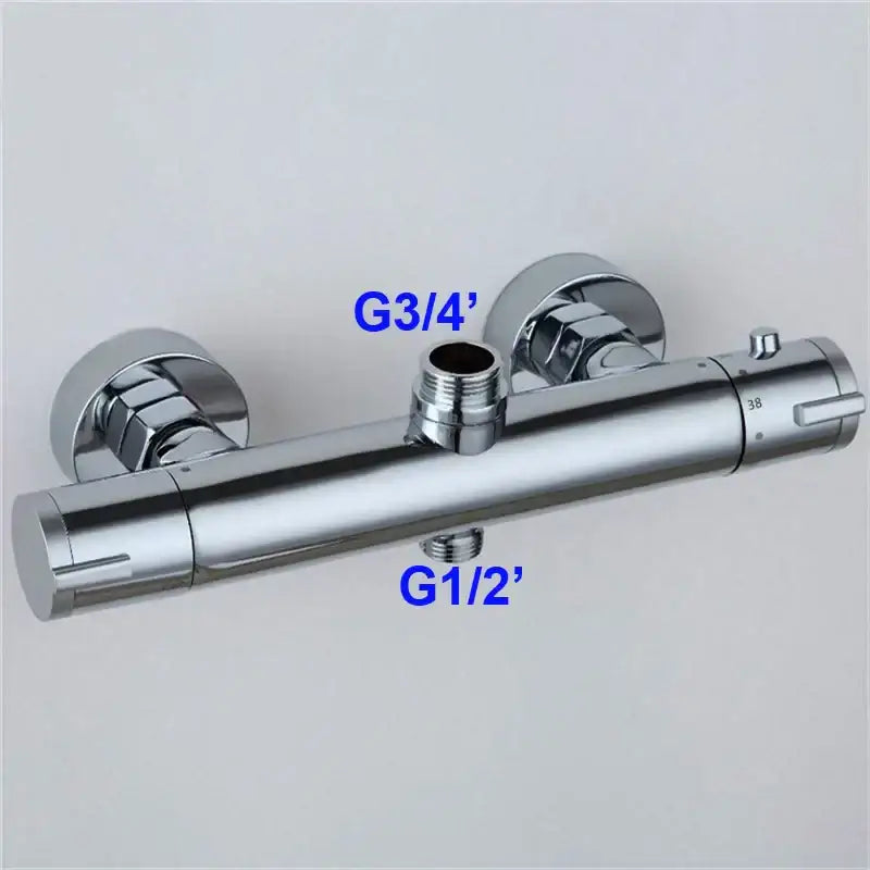 Modern black mixer valve with chrome-finished dual handles and g3/4 and g1/2 threaded connections for brass thermostatic shower