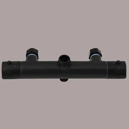 Black plastic modern mixer valve with two hexagonal caps and central threaded port for brass thermostatic shower fittings