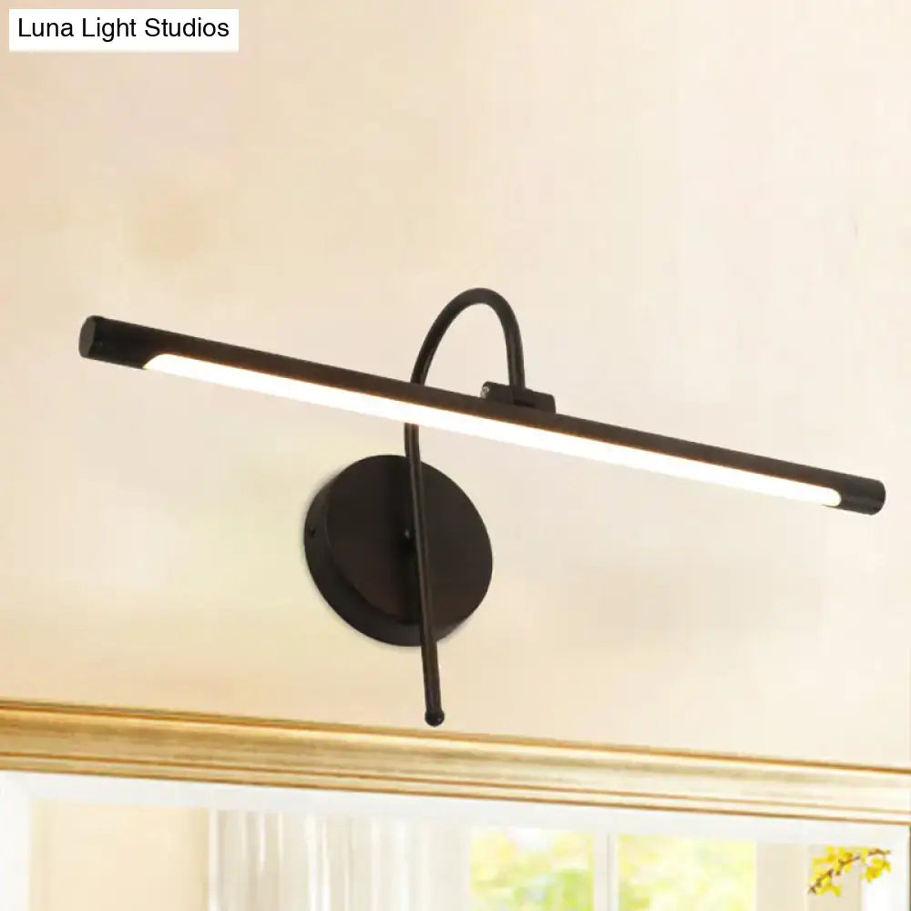 Modern black metal shade led wall lamp with curved arm designed for bathroom vanity lighting