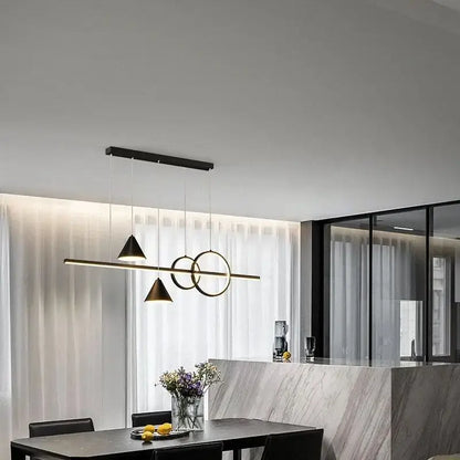 Modern black nordic designer dining pendant light with gold geometric intersecting circles and triangular shades