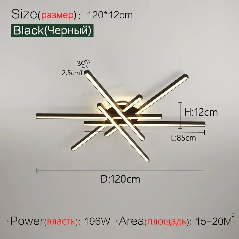 Modern black nordic led ceiling chandelier with intersecting rectangular bars and central hub for living room decorbites nordic led