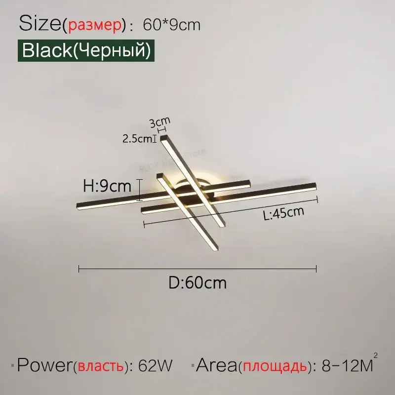 Modern black nordic led ceiling chandelier with sleek intersecting bars and central diffuser for living room decorbites nordic led
